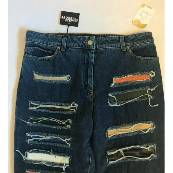 Jeremy Scott Medium Wash Multicolor Distressed Jeans, Size 10 (US), 44 (EUR) NWT